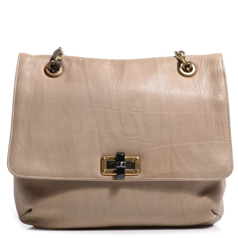 LANVIN Happy Beige Tan Leather Medium 2Way Shoulder Chain Strap Flap Bag